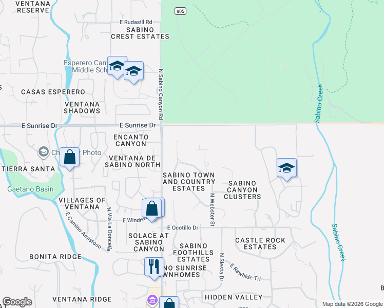 map of restaurants, bars, coffee shops, grocery stores, and more near 5473 North Maguey Place in Tucson