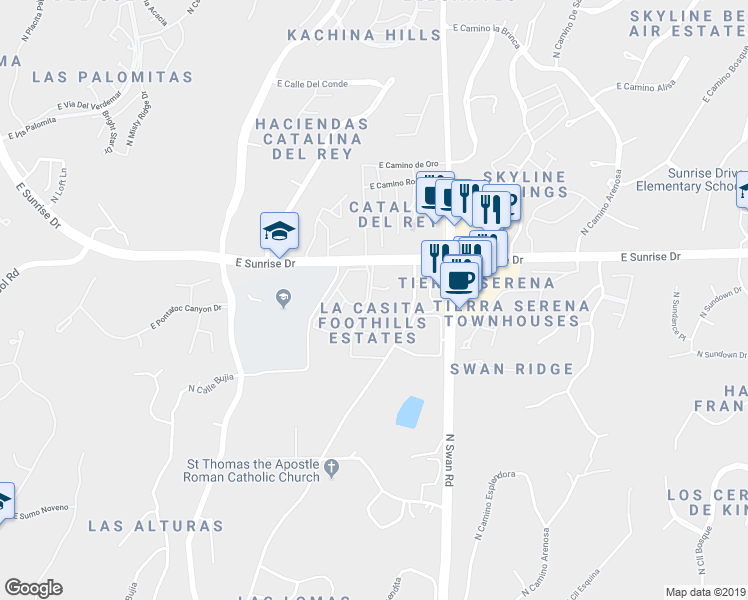 map of restaurants, bars, coffee shops, grocery stores, and more near 5520 North La Casita Drive in Tucson
