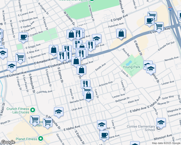 map of restaurants, bars, coffee shops, grocery stores, and more near 1525 Smith Avenue in Las Cruces
