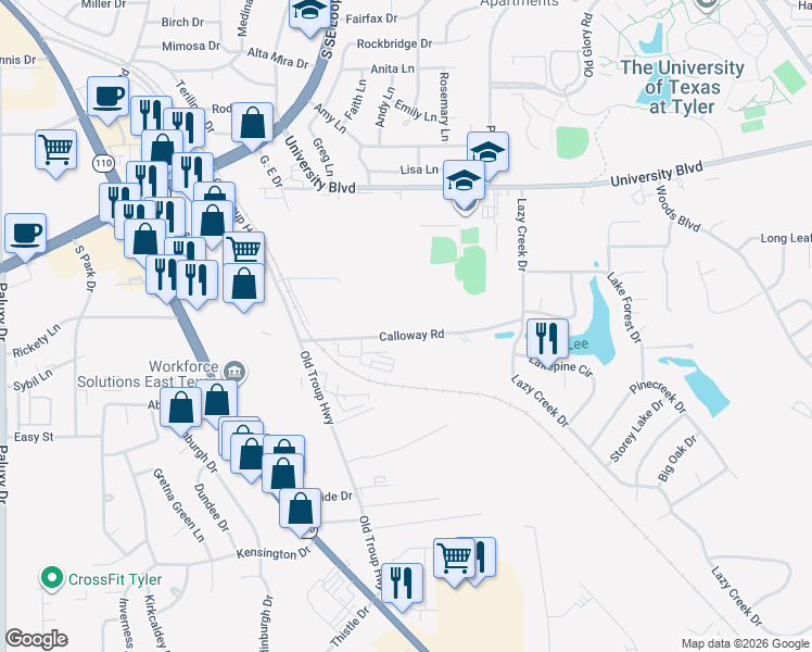 map of restaurants, bars, coffee shops, grocery stores, and more near 2805 Willard Drive in Tyler
