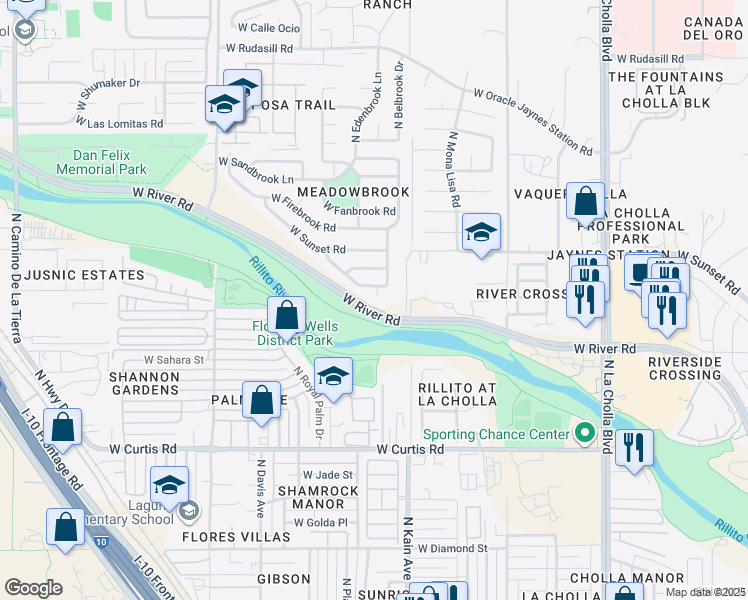 map of restaurants, bars, coffee shops, grocery stores, and more near 2591 West Lazybrook Drive in Tucson