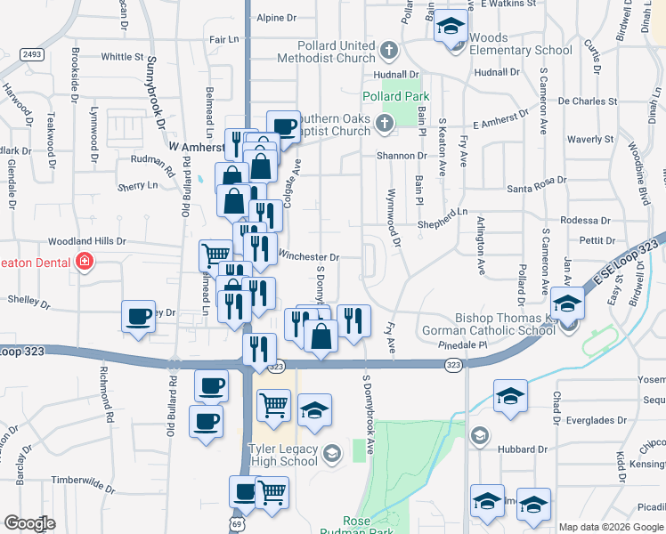 map of restaurants, bars, coffee shops, grocery stores, and more near 3807 Brookwood Drive in Tyler