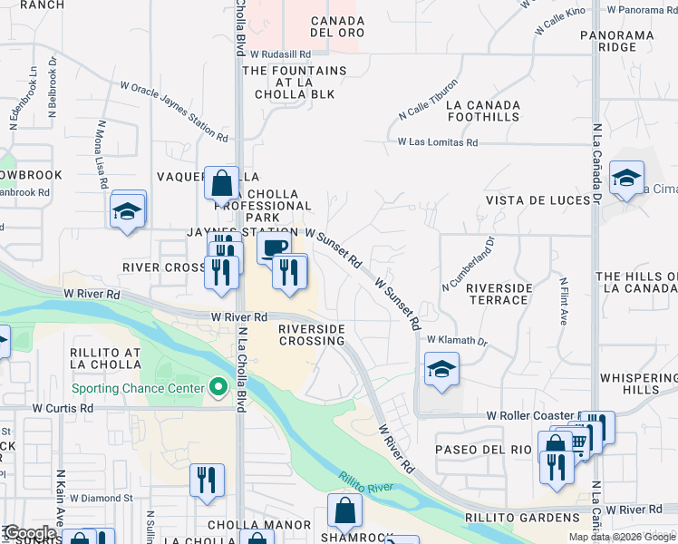 map of restaurants, bars, coffee shops, grocery stores, and more near 5521 North Silver Stream Way in Tucson