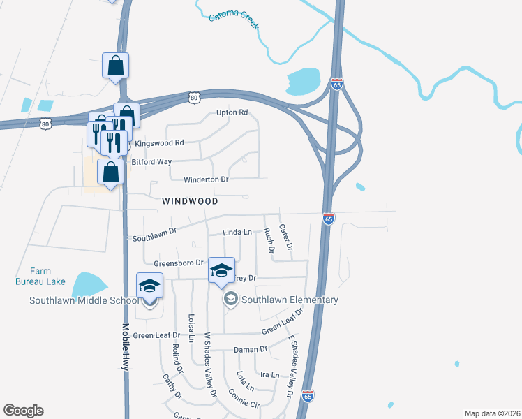 map of restaurants, bars, coffee shops, grocery stores, and more near 359 Southlawn Drive in Montgomery