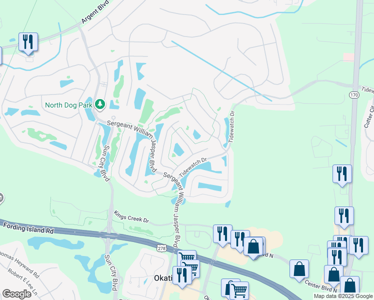 map of restaurants, bars, coffee shops, grocery stores, and more near 77 Pinnacle Shores Drive in Bluffton