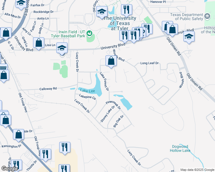 map of restaurants, bars, coffee shops, grocery stores, and more near 3805 Lake Forest Drive in Tyler