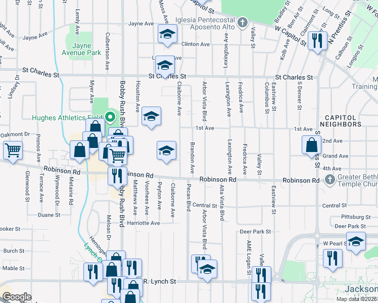 map of restaurants, bars, coffee shops, grocery stores, and more near 851 Brandon Avenue in Jackson
