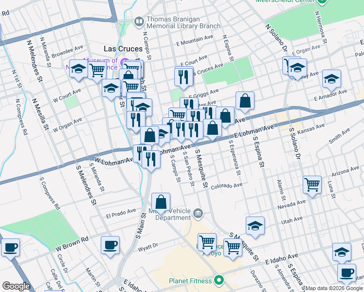 map of restaurants, bars, coffee shops, grocery stores, and more near 446 South San Pedro Street in Las Cruces