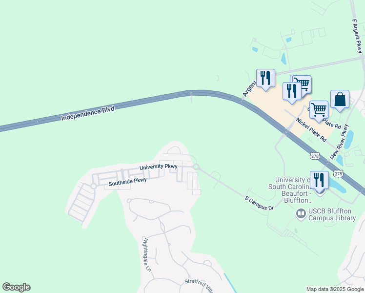 map of restaurants, bars, coffee shops, grocery stores, and more near 113 Dormitory Road in Bluffton