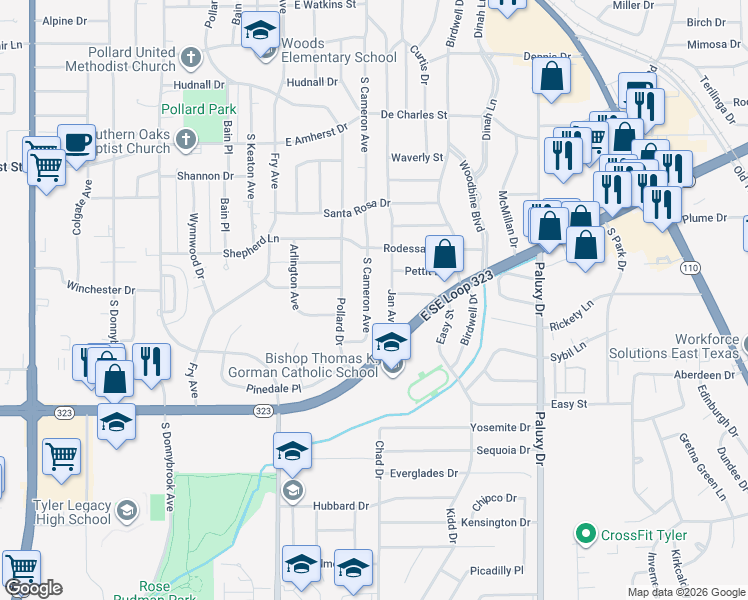 map of restaurants, bars, coffee shops, grocery stores, and more near 3714 South Cameron Avenue in Tyler