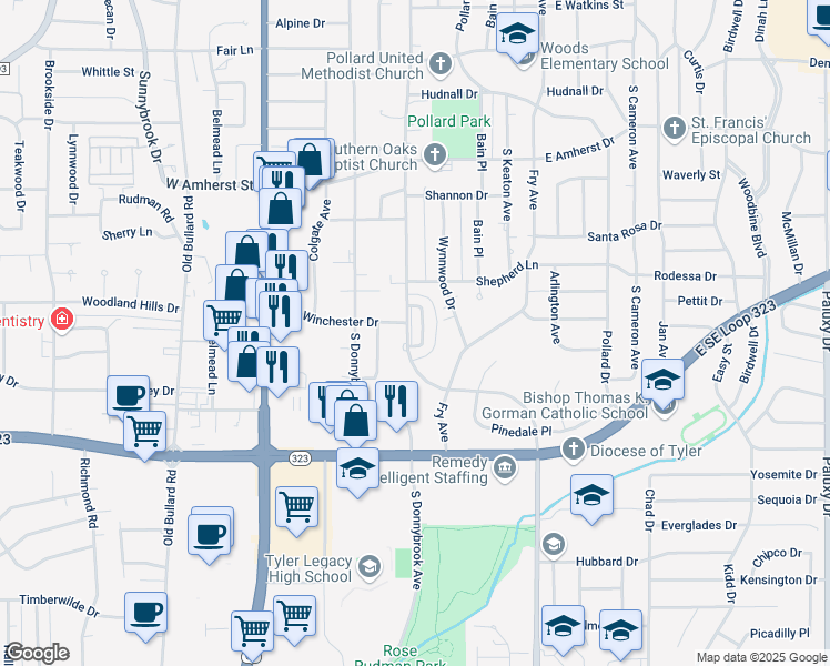 map of restaurants, bars, coffee shops, grocery stores, and more near 3725 Colony Park Drive in Tyler