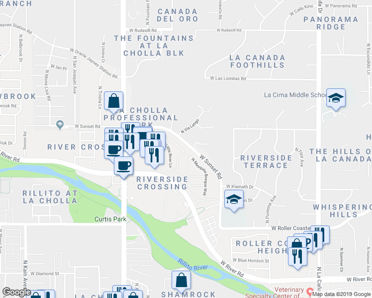 map of restaurants, bars, coffee shops, grocery stores, and more near 5508 North Silver Stream Way in Tucson