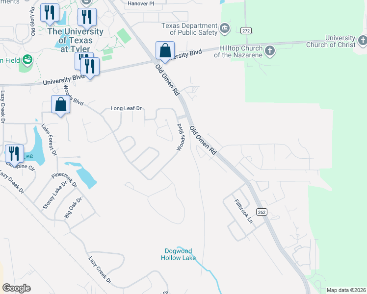 map of restaurants, bars, coffee shops, grocery stores, and more near 3807 Woods Boulevard in Tyler