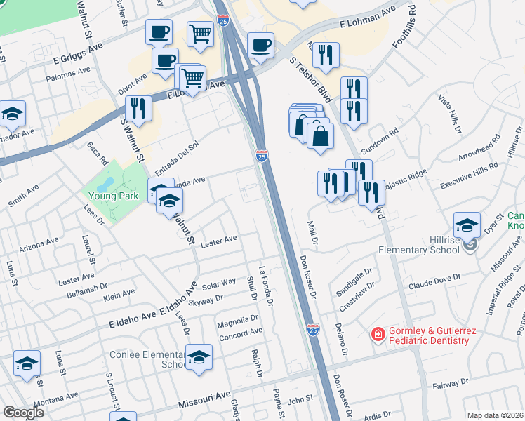 map of restaurants, bars, coffee shops, grocery stores, and more near 1020 South Triviz Drive in Las Cruces