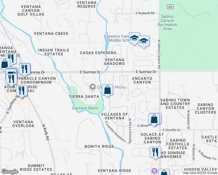 map of restaurants, bars, coffee shops, grocery stores, and more near 5497 North Ventana Vista Road in Tucson