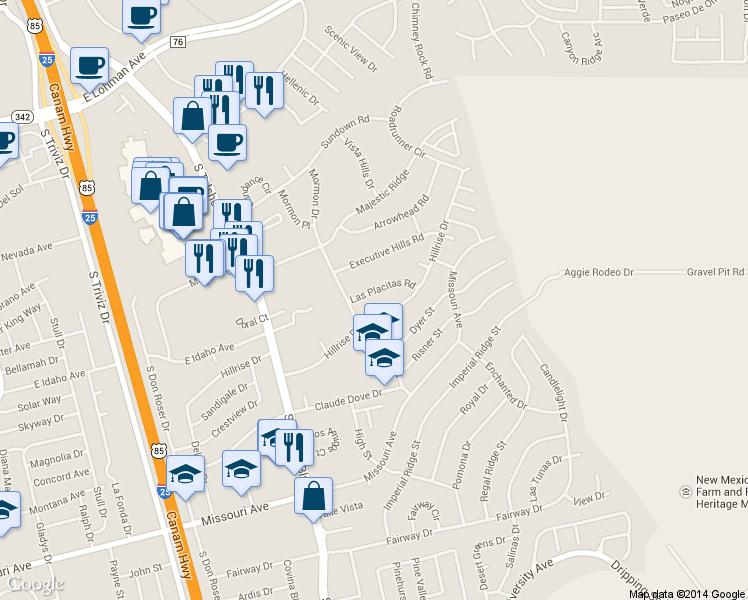 map of restaurants, bars, coffee shops, grocery stores, and more near 3058 Las Placitas Road in Las Cruces