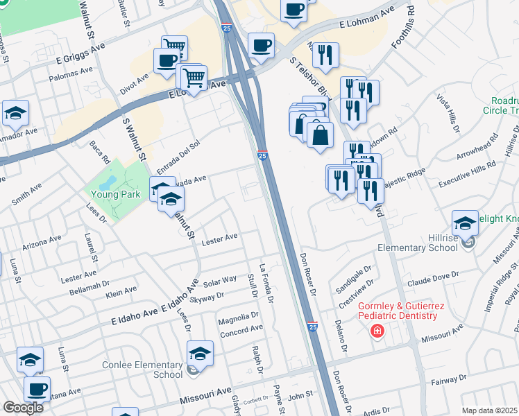 map of restaurants, bars, coffee shops, grocery stores, and more near 1020 South Triviz Drive in Las Cruces