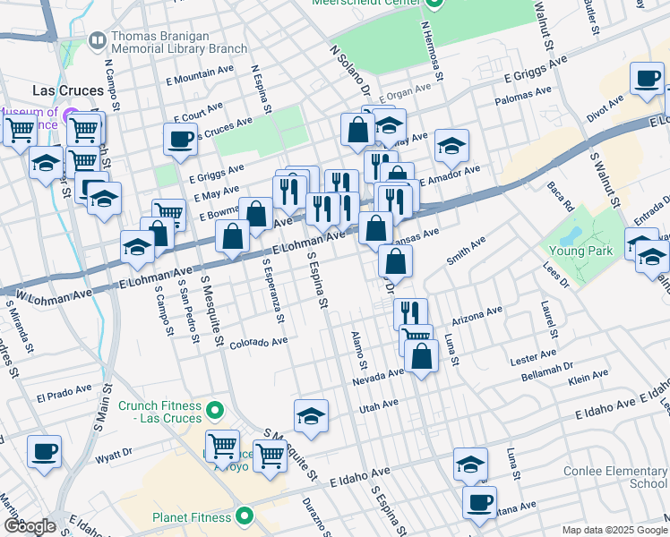 map of restaurants, bars, coffee shops, grocery stores, and more near 1010 1/2 Kansas Avenue in Las Cruces