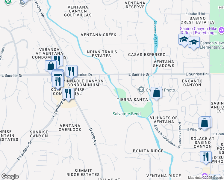 map of restaurants, bars, coffee shops, grocery stores, and more near 7223 East Crystal Mist Drive in Tucson