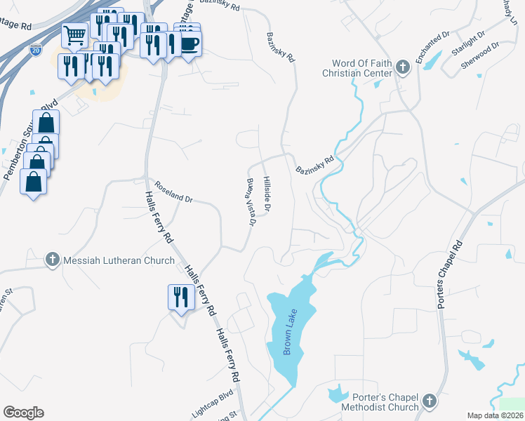 map of restaurants, bars, coffee shops, grocery stores, and more near 203 Hillside Drive in Vicksburg