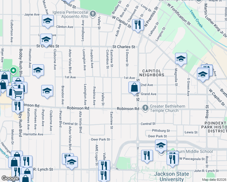 map of restaurants, bars, coffee shops, grocery stores, and more near 458 Eastview Street in Jackson