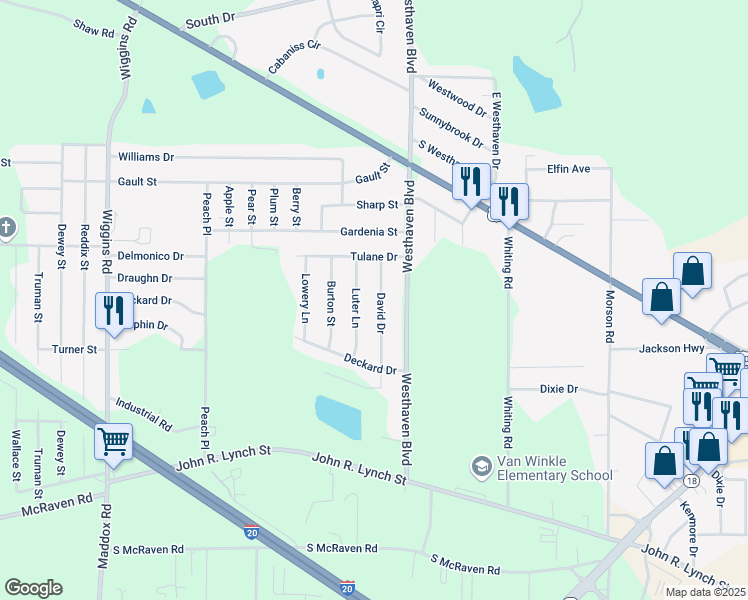 map of restaurants, bars, coffee shops, grocery stores, and more near 1525 David Dr in Jackson