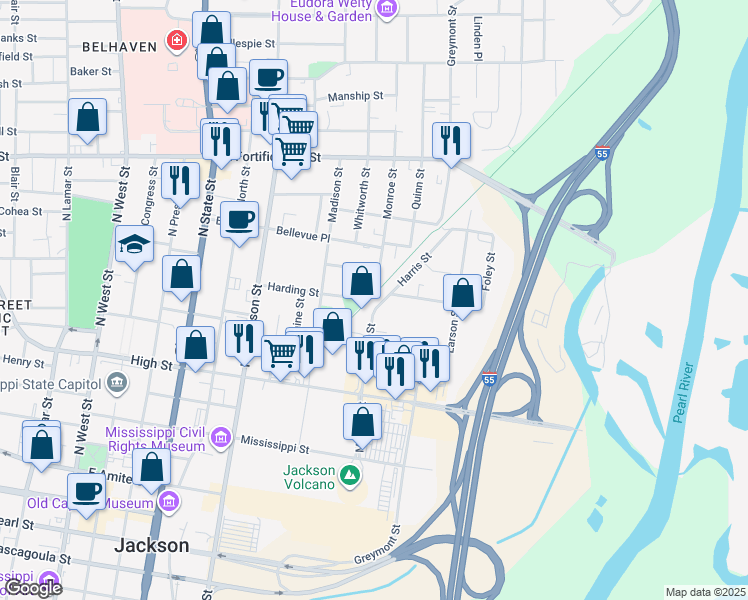 map of restaurants, bars, coffee shops, grocery stores, and more near 721 Harris Street in Jackson