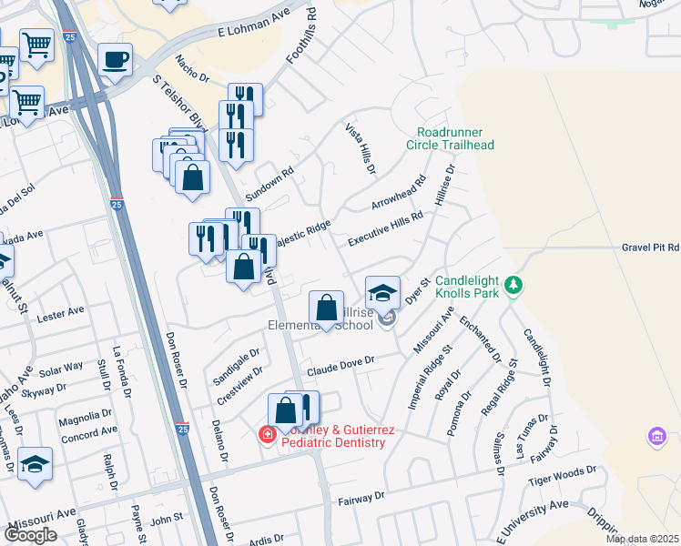map of restaurants, bars, coffee shops, grocery stores, and more near 1052 Mormon Drive in Las Cruces