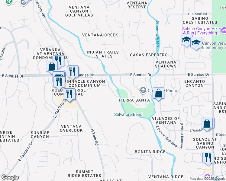 map of restaurants, bars, coffee shops, grocery stores, and more near 7223 East Crystal Mist Drive in Tucson