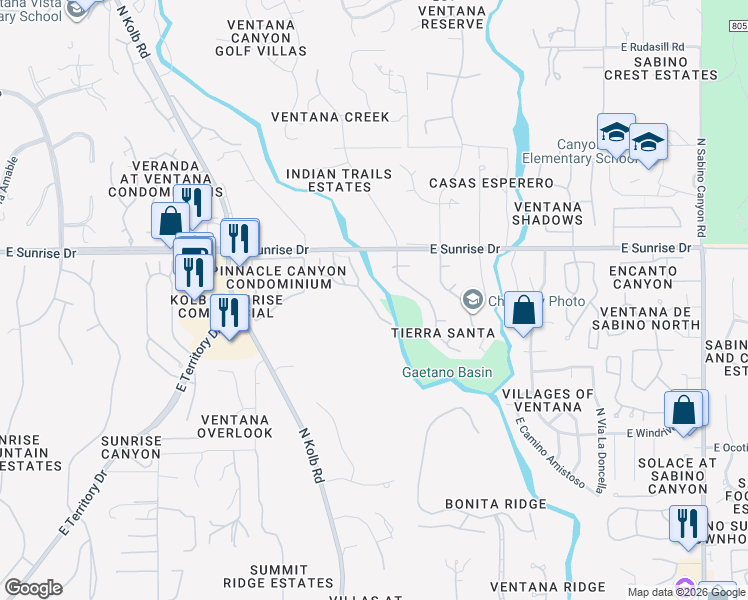 map of restaurants, bars, coffee shops, grocery stores, and more near 7223 East Crystal Mist Drive in Tucson