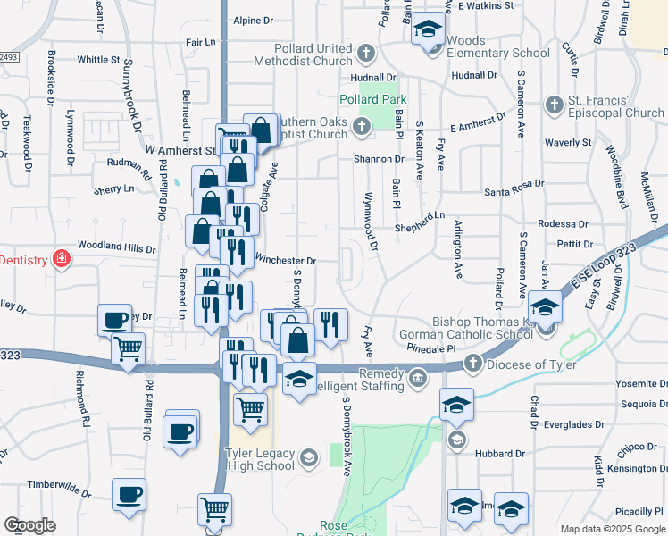 map of restaurants, bars, coffee shops, grocery stores, and more near 3725 Colony Park Drive in Tyler