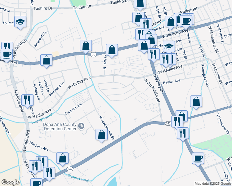 map of restaurants, bars, coffee shops, grocery stores, and more near 1751 West Hadley Avenue in Las Cruces