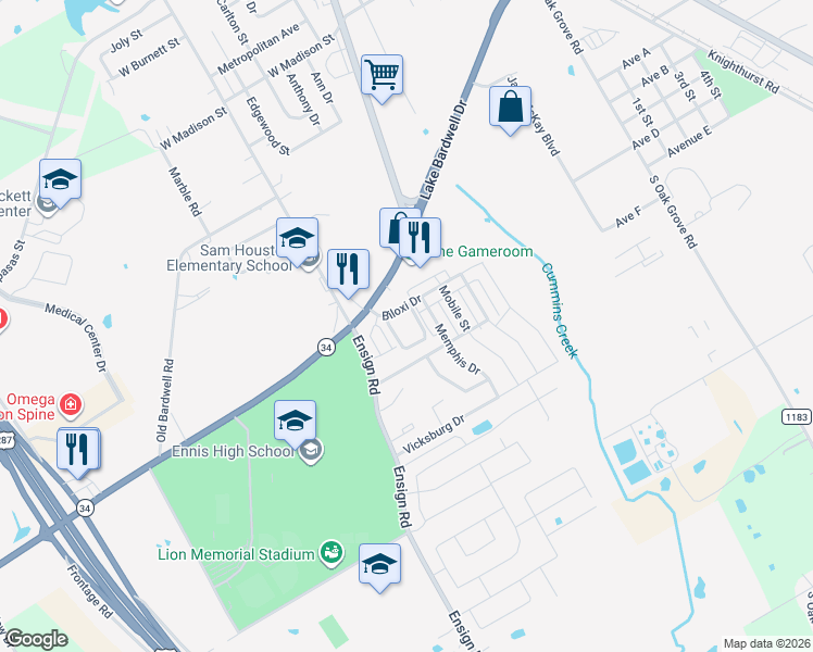 map of restaurants, bars, coffee shops, grocery stores, and more near 1001 Biloxi Drive in Ennis