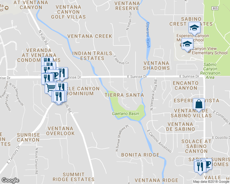 map of restaurants, bars, coffee shops, grocery stores, and more near 5505 North Moccasin Trail in Tucson