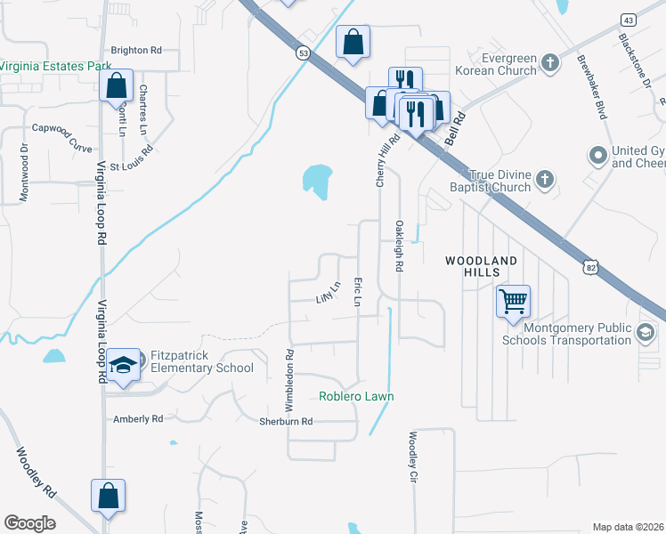 map of restaurants, bars, coffee shops, grocery stores, and more near 4584 Lilly Lane in Montgomery