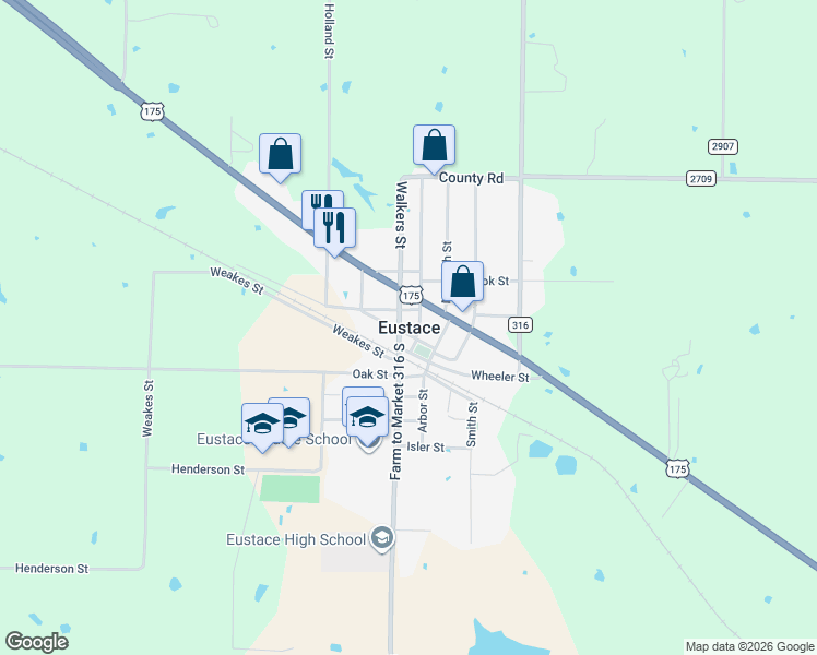 map of restaurants, bars, coffee shops, grocery stores, and more near in Eustace