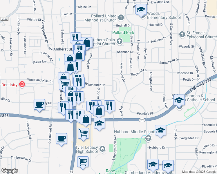 map of restaurants, bars, coffee shops, grocery stores, and more near 501 Winchester Drive in Tyler