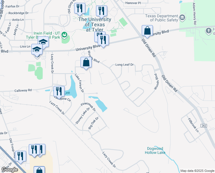 map of restaurants, bars, coffee shops, grocery stores, and more near 3637 River Oaks Ct in Tyler