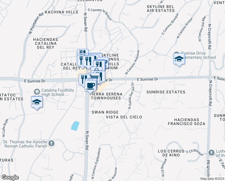map of restaurants, bars, coffee shops, grocery stores, and more near 5528 North Arroyo Grande Drive in Tucson