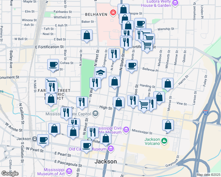 map of restaurants, bars, coffee shops, grocery stores, and more near 714 North President Street in Jackson