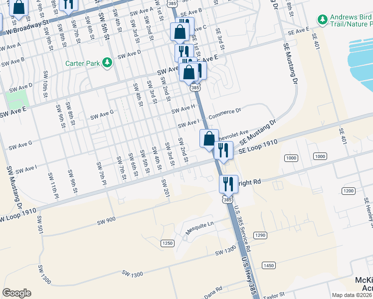 map of restaurants, bars, coffee shops, grocery stores, and more near 2 Southwest in Andrews