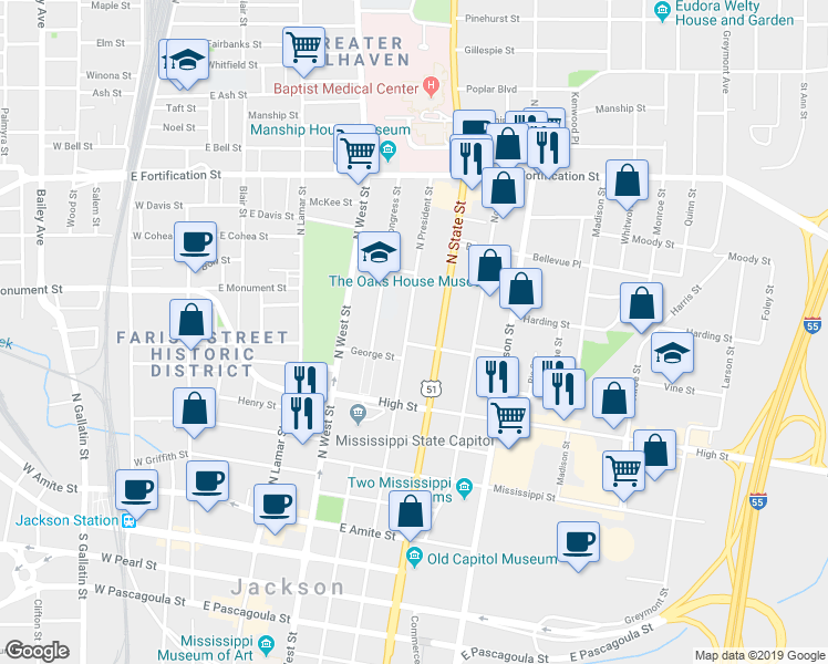 map of restaurants, bars, coffee shops, grocery stores, and more near 714 North President Street in Jackson