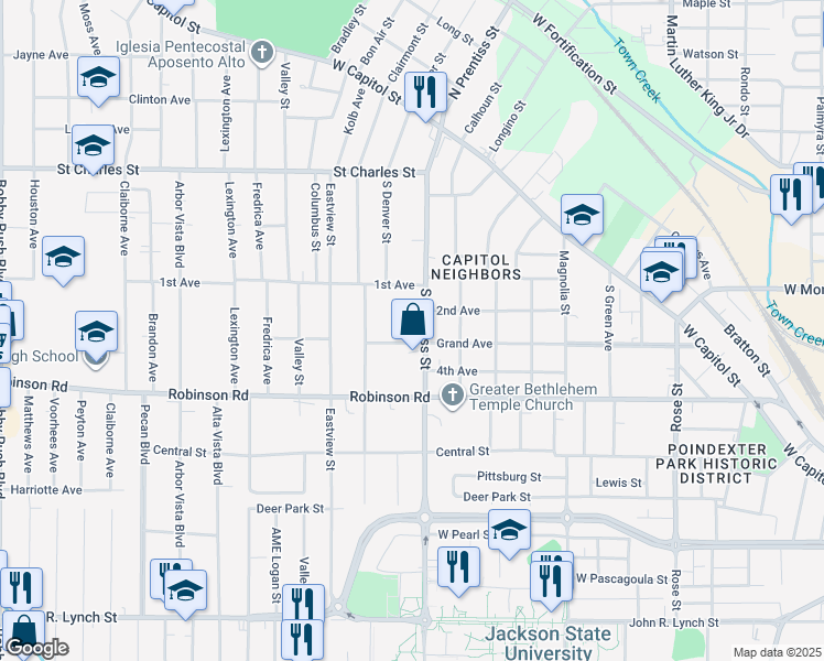 map of restaurants, bars, coffee shops, grocery stores, and more near 435 South Prentiss Street in Jackson