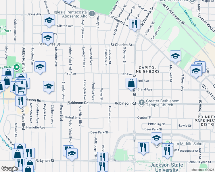 map of restaurants, bars, coffee shops, grocery stores, and more near 458 Eastview Street in Jackson