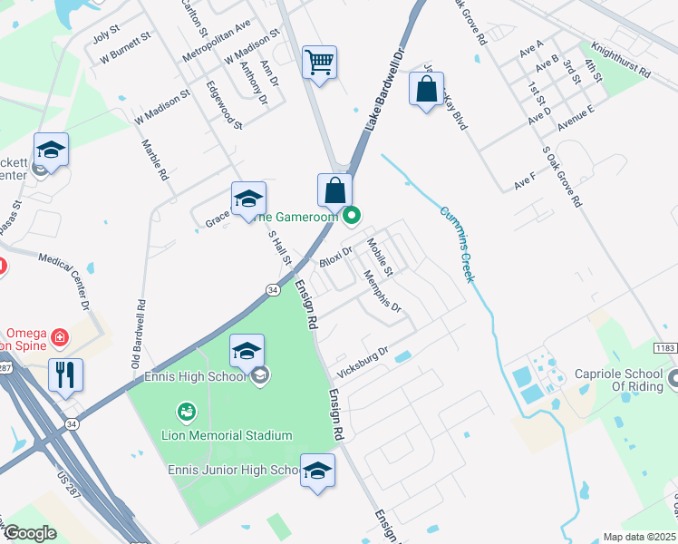 map of restaurants, bars, coffee shops, grocery stores, and more near 1001 Biloxi Drive in Ennis
