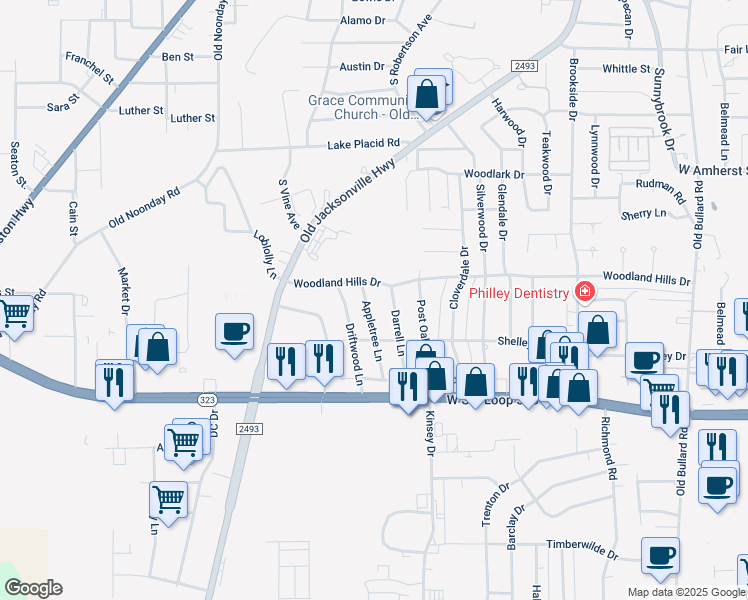 map of restaurants, bars, coffee shops, grocery stores, and more near 3720 Appletree Lane in Tyler