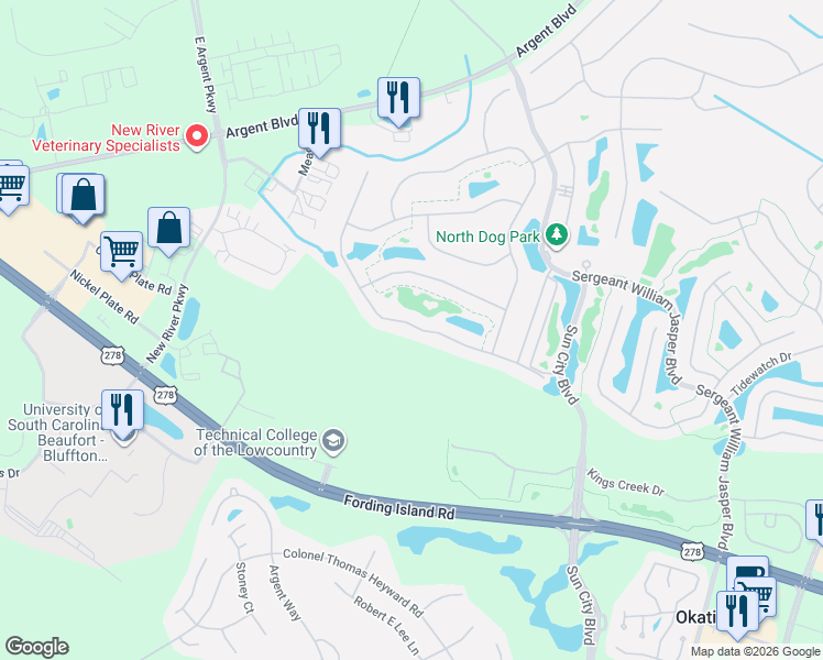 map of restaurants, bars, coffee shops, grocery stores, and more near 687 Freshwater Lane in Okatie