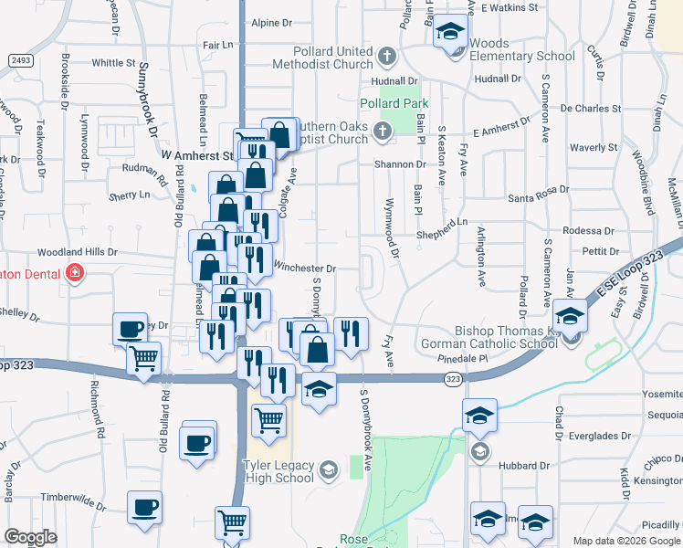 map of restaurants, bars, coffee shops, grocery stores, and more near 3807 Brookwood Drive in Tyler