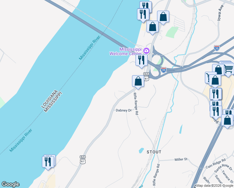 map of restaurants, bars, coffee shops, grocery stores, and more near 10 Riverwood Place in Vicksburg