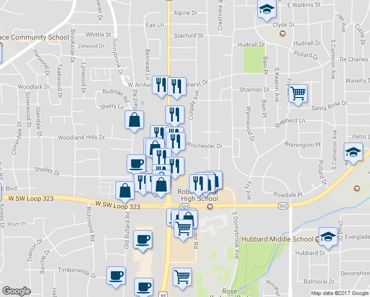 map of restaurants, bars, coffee shops, grocery stores, and more near 215 Winchester Drive in Tyler